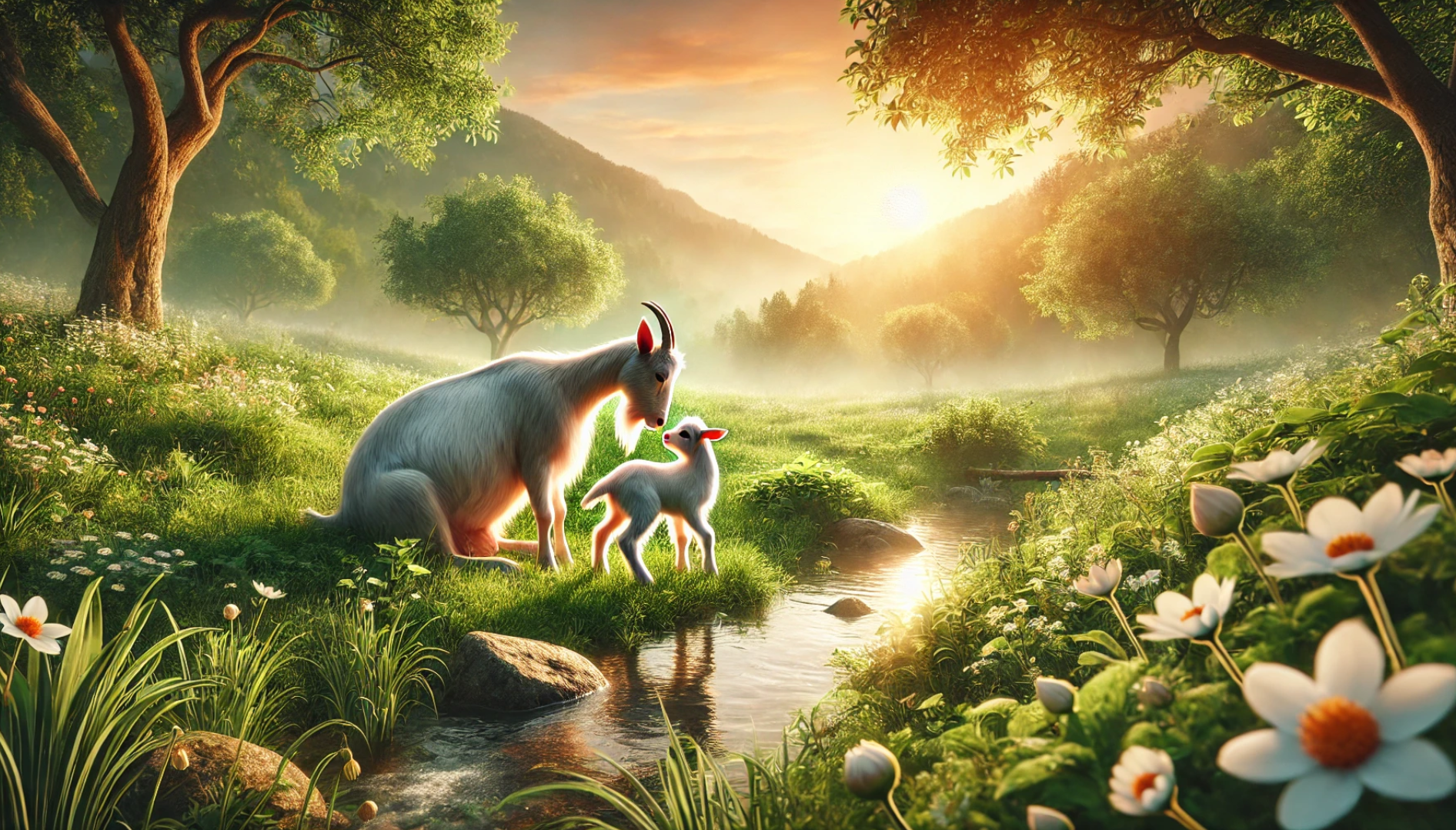 a panoramic view of a peaceful meadow with a mother goat and her kid. This scene effectively conveys the theme of natural and gentle care.