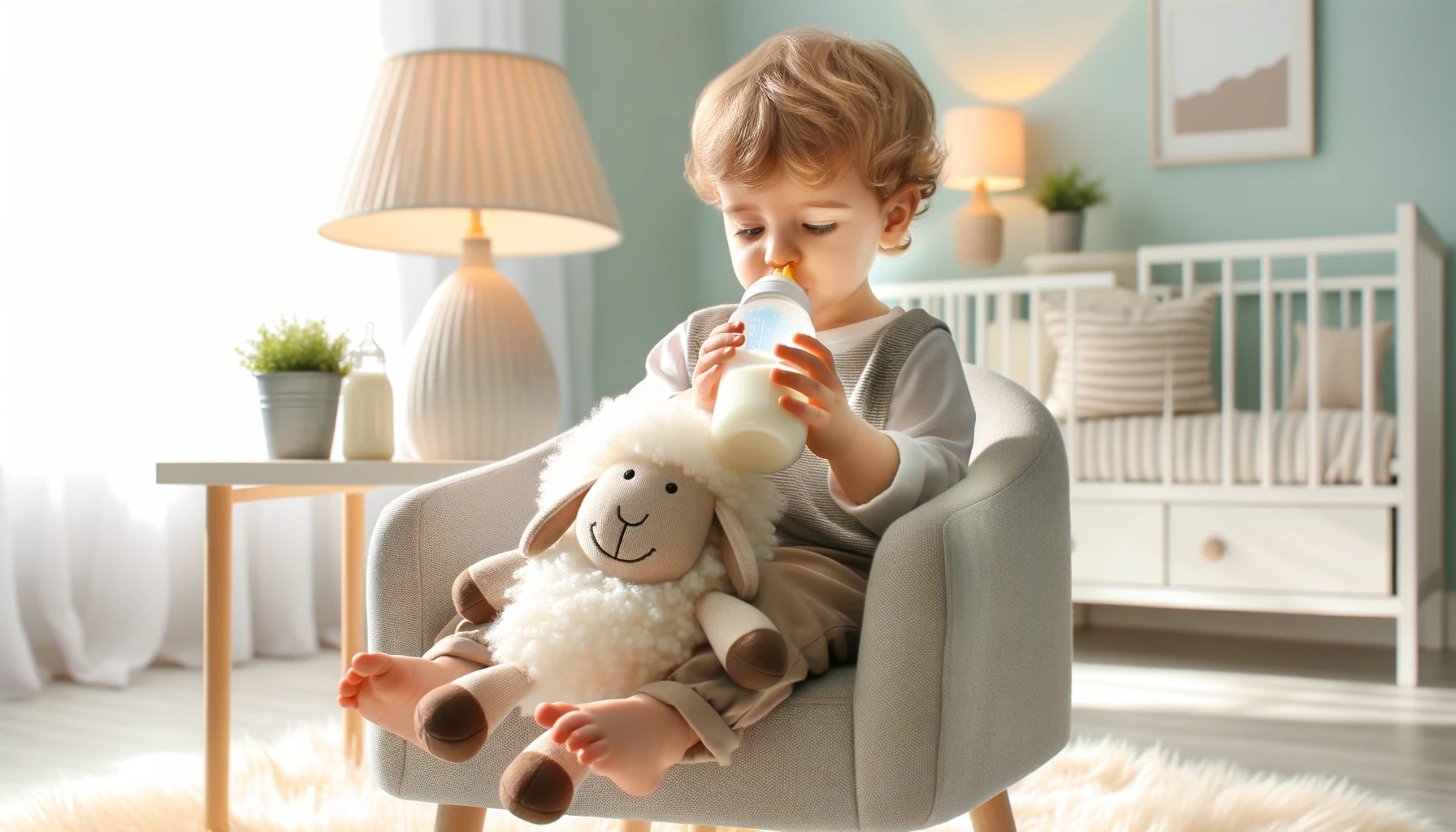 Realistic photo of a baby's room with pastel-colored wallpaper and soft furnishings. A 2-year-old toddler, with curly hair, sits on the floor, drinking from a milk bottle, and beside them is a fluffy sheep puppet.