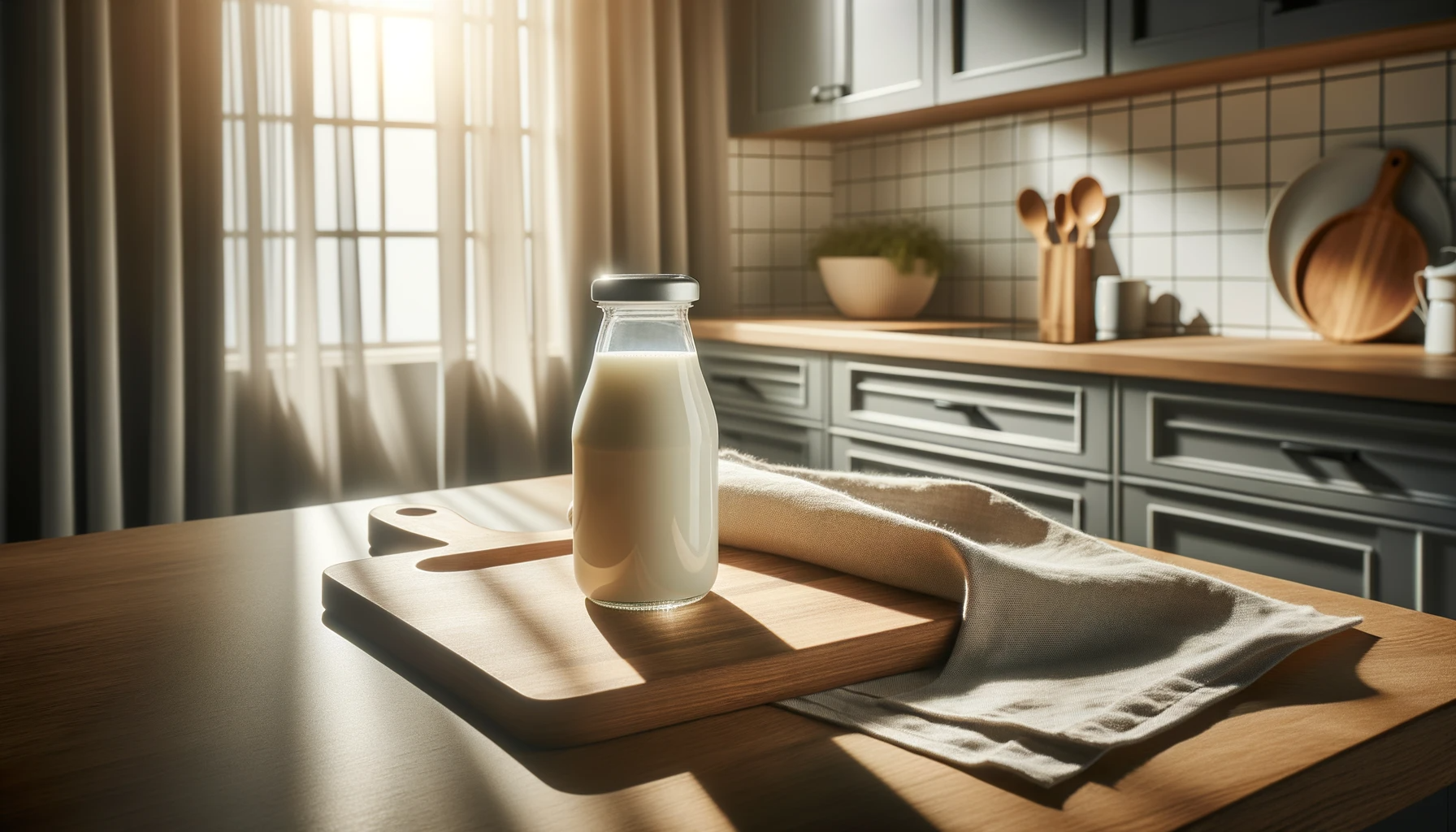 Genuine photo of a sleek, modern kitchen design with sunlight streaming in through sheer curtains. A baby milk bottle, filled with creamy milk, is placed on a wooden cutting board, capturing the viewer's attention.